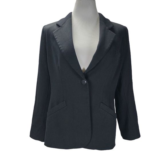 Armani Collezioni Black Wool Blazer Size 12 Notch Lapel One Button Jacket